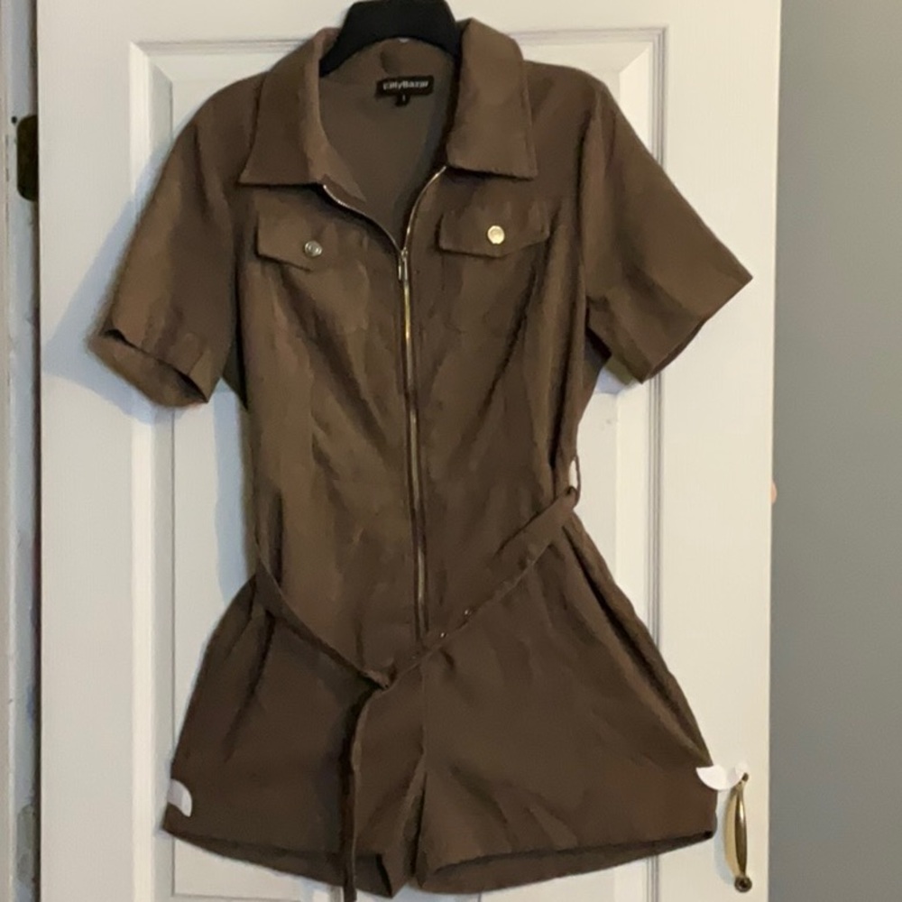 City Chic Brown Corduroy Short-Sleeve Utility Romper